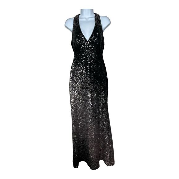 Xscape Long Dress Womens Size 2 All Over Sequins Gown Black Silver Halter Event - Picture 1 of 15